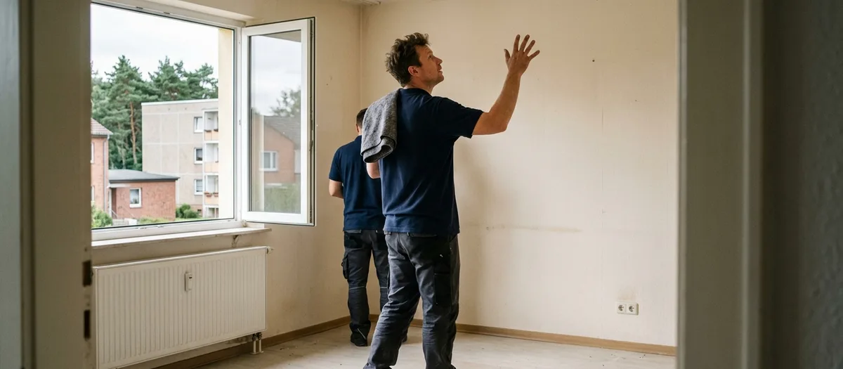 Zwei Männer in dunkelblauen Polos prüfen die leere Wand neben dem geöffneten Fenster