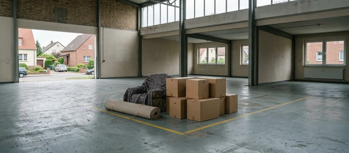 Leere Lagerhalle mit gelber Bodenmarkierung, Kartonstapel, eingerolltem Teppich und abgedecktem Sessel vor dem Tor