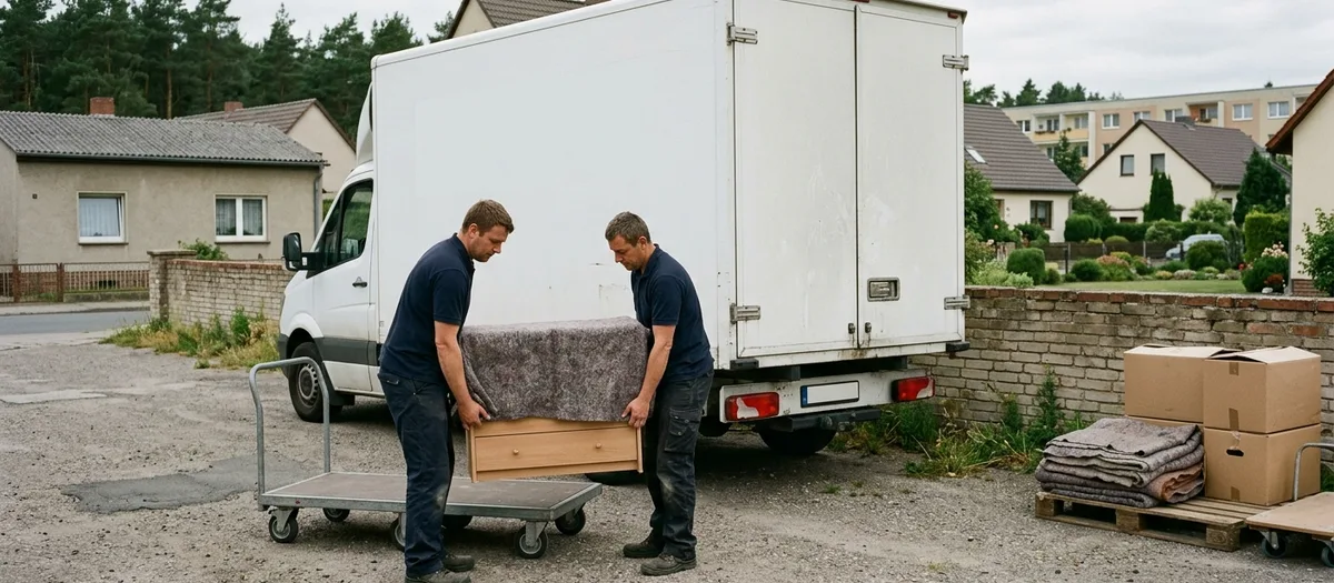 Vor dem weißen Kofferwagen setzen zwei Helfer eine abgedeckte Kommode auf den Transportwagen ab