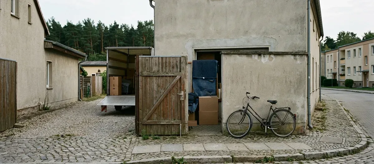Offener Umzugslastwagen in einer Hofeinfahrt, daneben lehnt ein altes Damenrad an der Putzwand