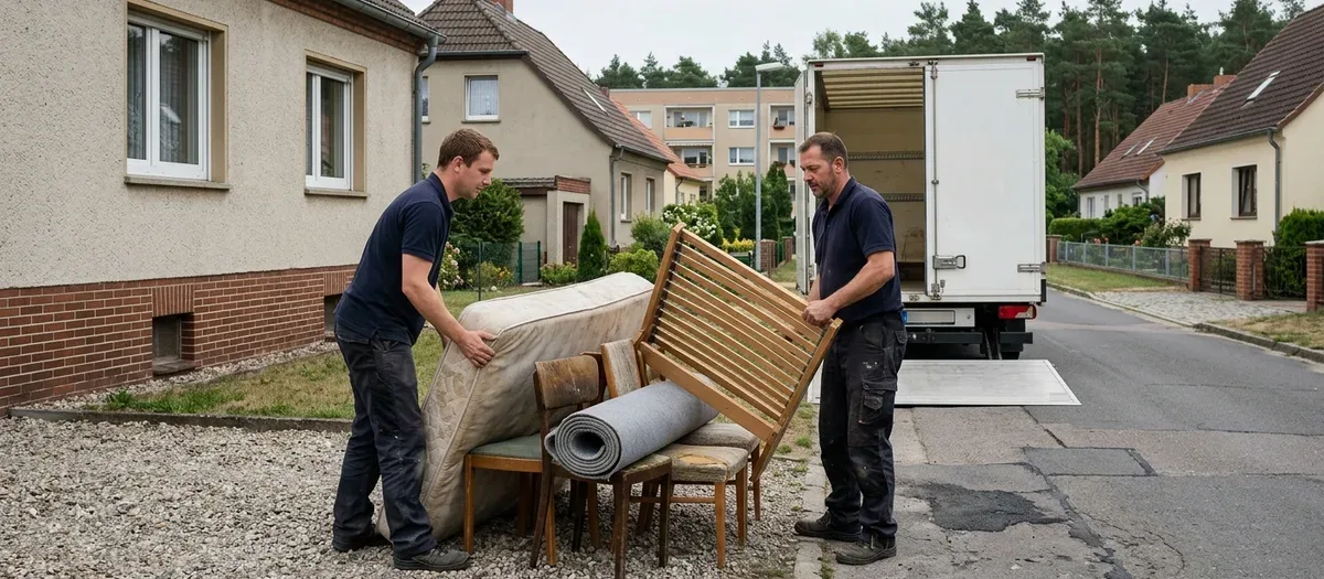 Zwei Männer in dunkelblauen Poloshirts tragen Matratze und Bettgestell zum weißen Koffertransporter