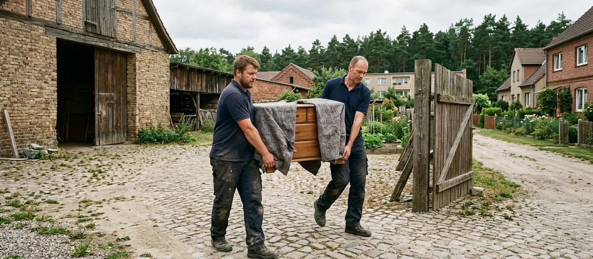 Zwei Umzugshelfer tragen eine in Decken gewickelte Kommode über das Kopfsteinpflaster eines Hofes neben einer Backsteinscheune