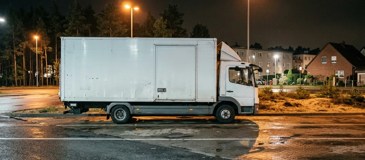 Nachts geparkter Lastwagen auf beleuchtetem Rastplatz, Laternenlicht spiegelt sich auf dem nassen Asphalt