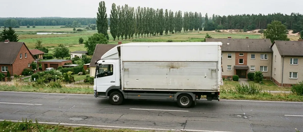 Weißer Kofferlastwagen rollt über eine Landstraße, dahinter Pappelreihe, Wiesen und Wohnhäuser am Ortsrand