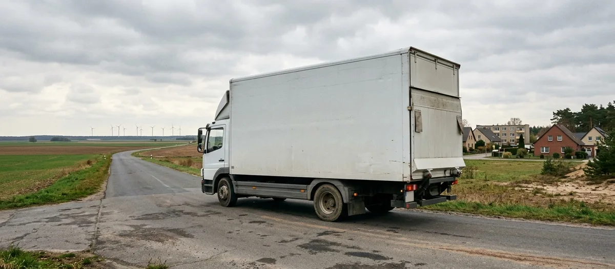 Beladener Lastwagen auf einer Landstraße zwischen Feldern, am Horizont Windräder und ein Dorf mit roten Dächern