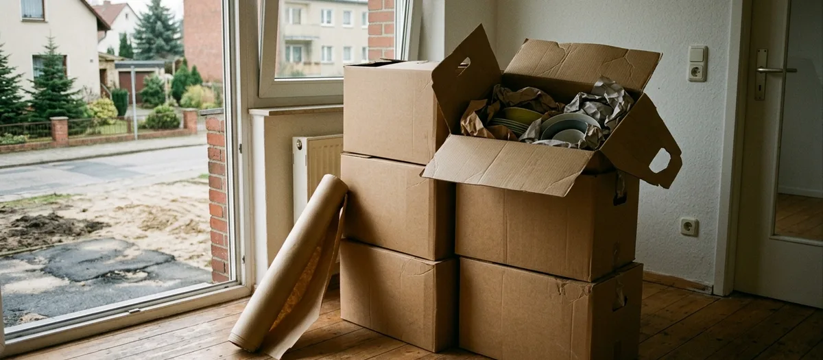Gestapelte Kartons am Fenster, im offenen Karton stehen Teller zwischen zerknülltem Packpapier