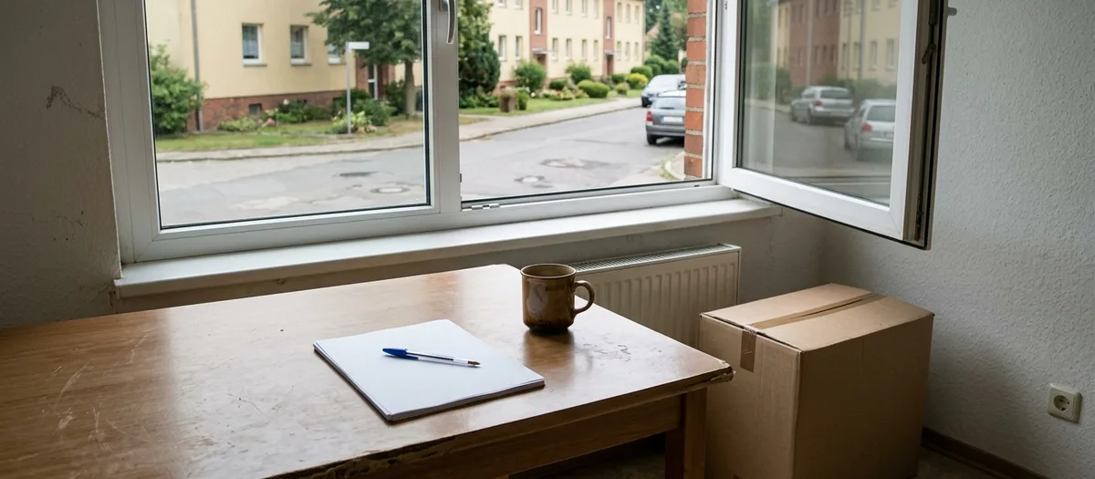 Leerer Schreibblock und Kugelschreiber auf einem Holztisch am geöffneten Fenster mit Blick zur Straße